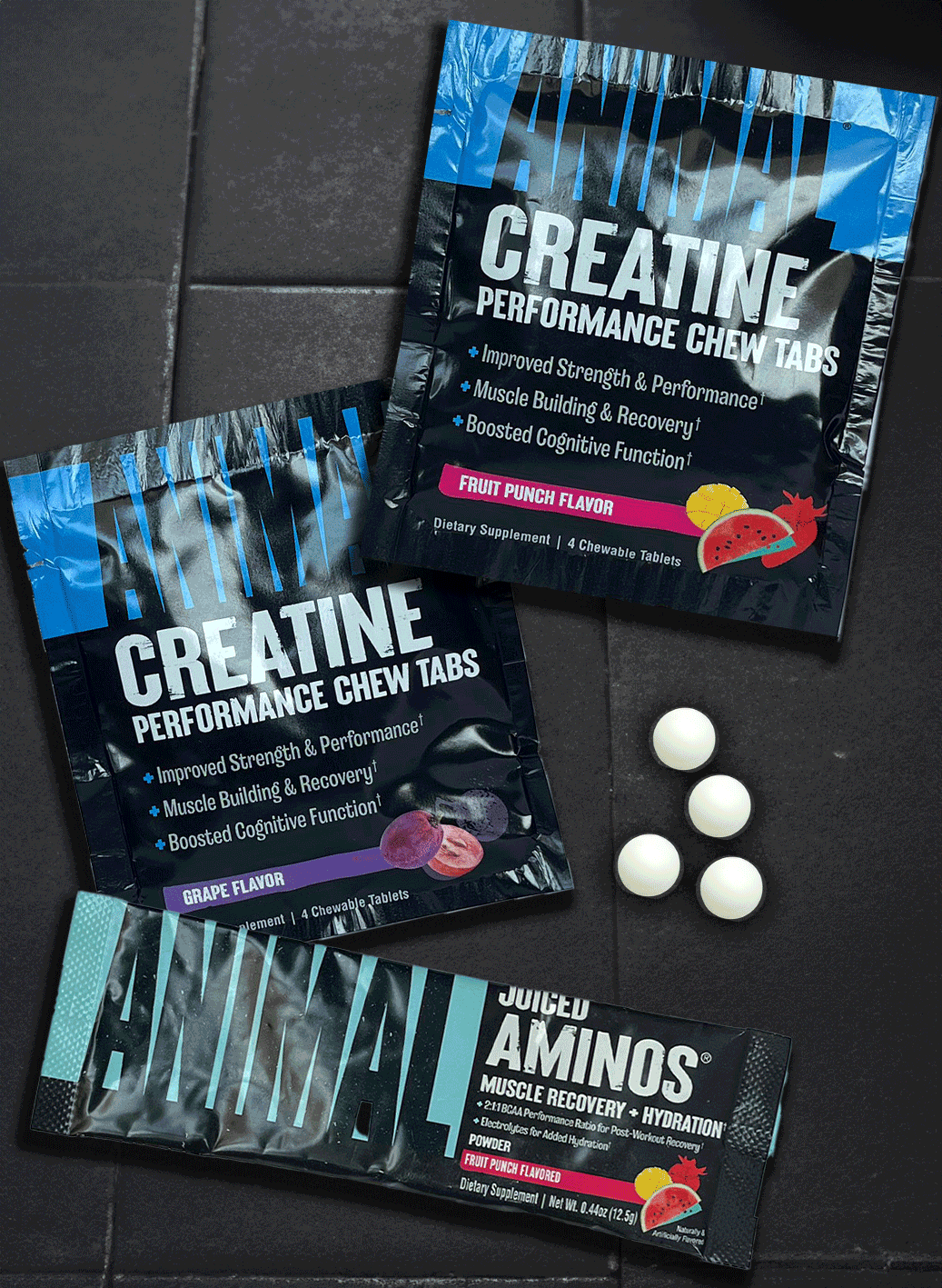 Animal supplement sample set creatine chews and juiced aminos