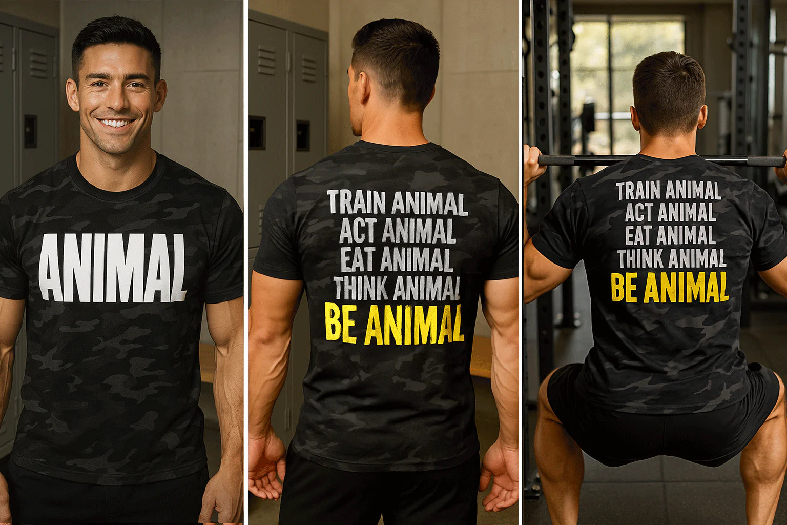 Animal camo t-shirt train act eat think be animal